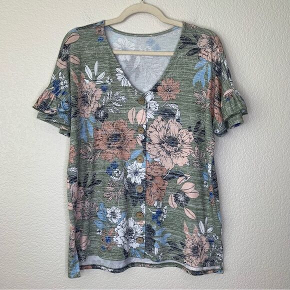 Cupio Button Down Floral V-neck Short Ruffle Sleeves Top - Picture 1 of 12
